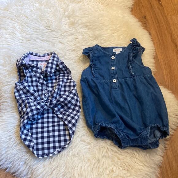 Cat & Jack 2 Item Bundle Denim Onesie & Plaid High Low Tie Shirt EUC Sz 12 Mo. - Picture 1 of 8